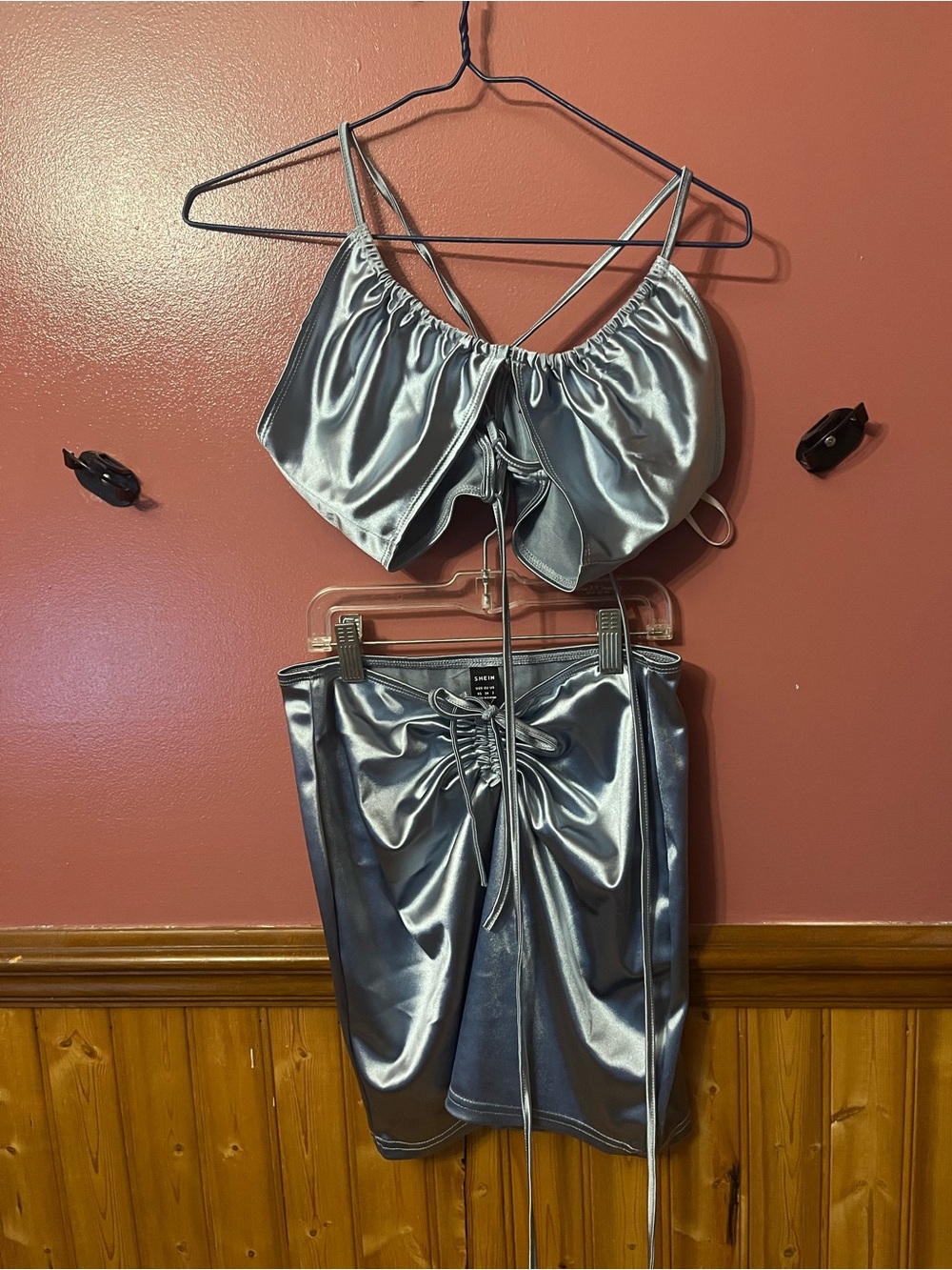 SHEIN Silver Ruched Satin-Look Strappy Two-Piece Set
